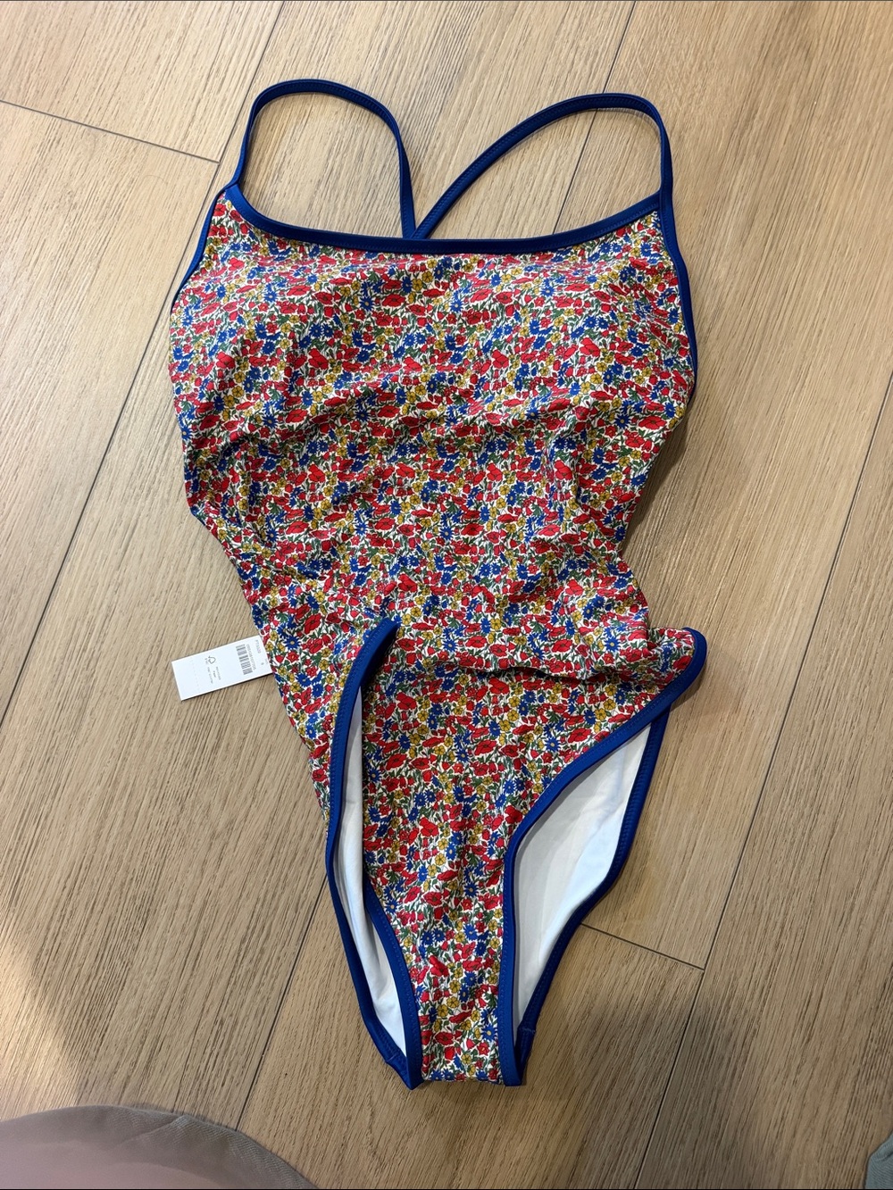 J. Crew Floral One-Piece Swimsuit in Red with Blue Trim
